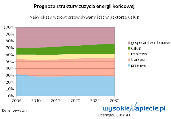 Wraz z rozwojem sektora usług jego udział w zużyciu energii końcowej ma rosnąć. Udział pozostałych sektorów, oprócz transportów, ma natomiast spadać. energy%20checkup%20struktura