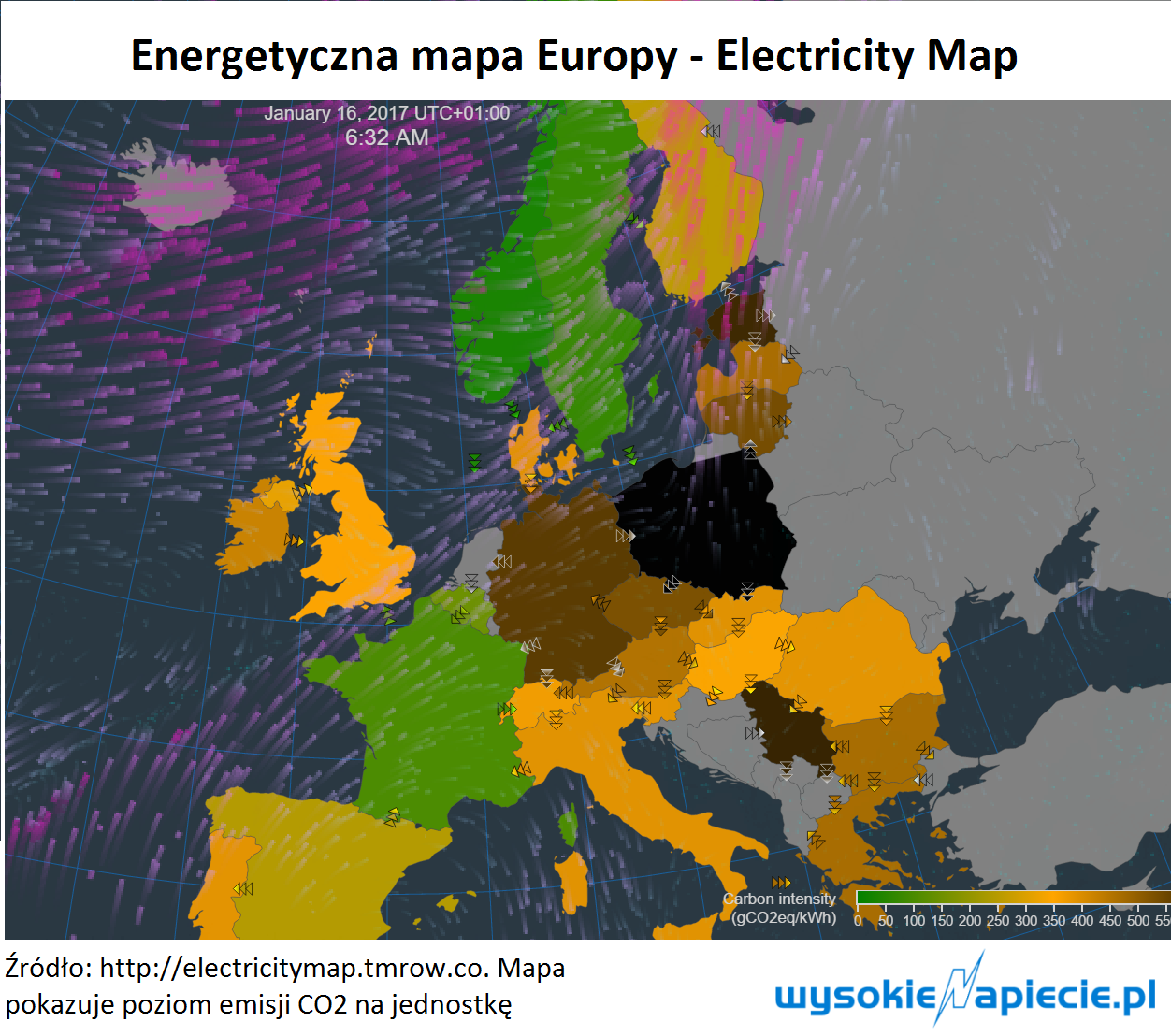 Poziom emisji CO2 na jednostę energii OZE Electricity mapglowna