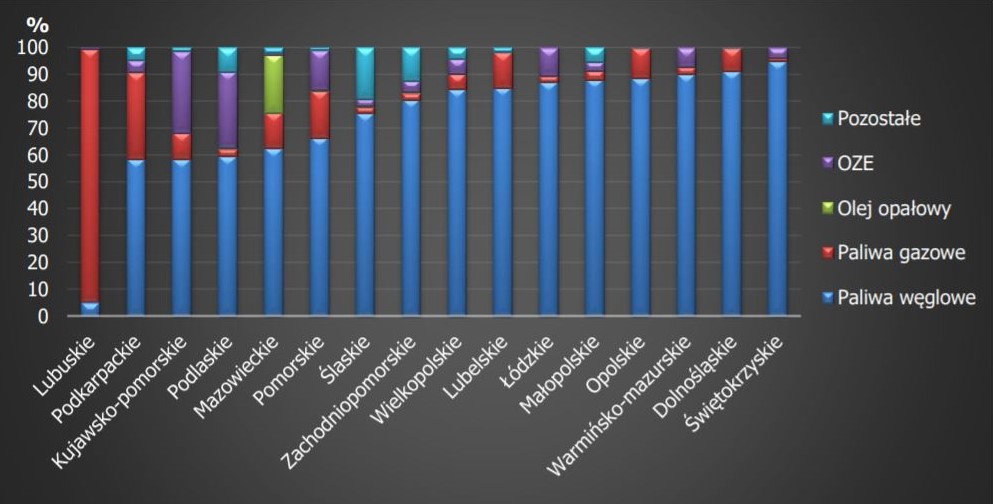 Struktura produkcji ciepła z poszczególnych paliw w 2019 r