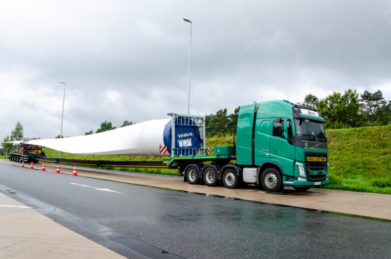 Soltau, Germany – August 28, 2021: Wind turbine blade transporta