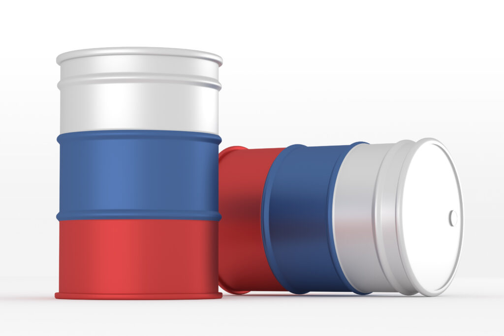 russia oil styled flag barrels isolated on white background. 3d