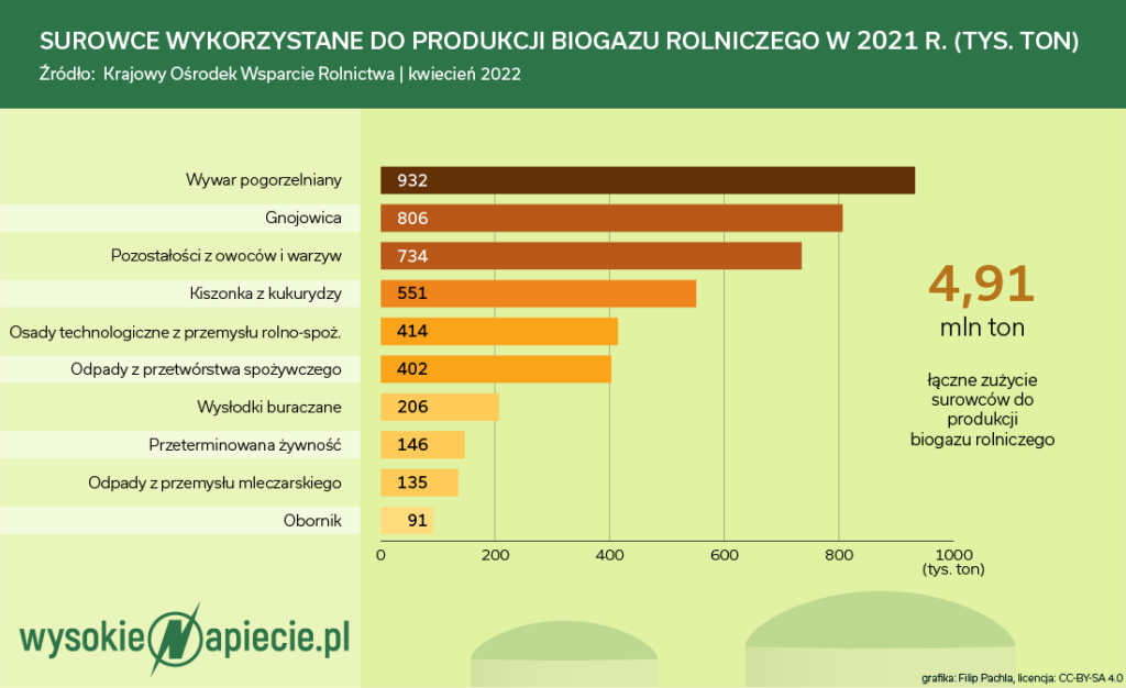Surowce wykorzystane do produkcji biogazu rolniczego w 2021