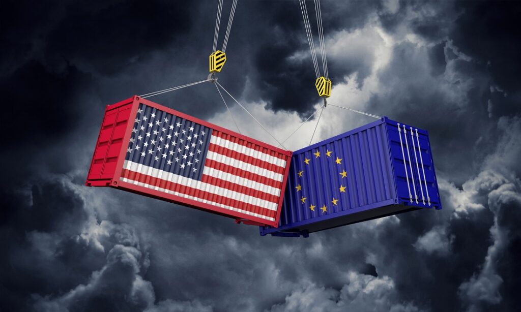USA and europe trade war concept. Clashing cargo containers. 3D Render