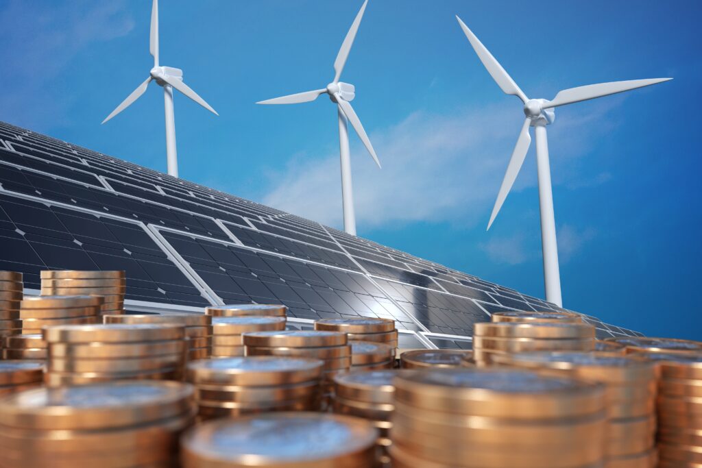 Economics of alternative energy. Money in front of solar panels