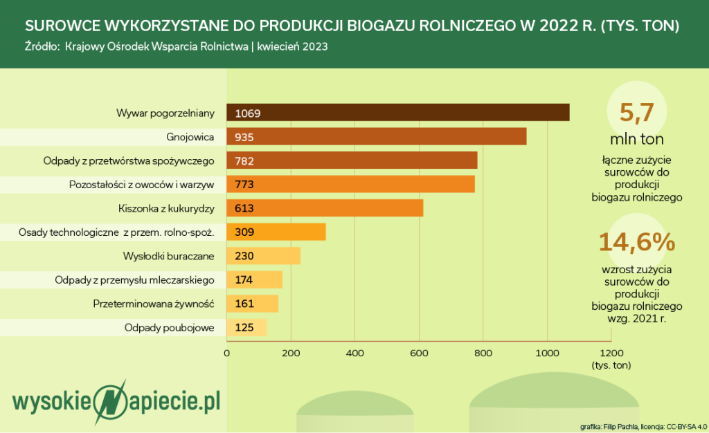Surowce wykorzystane do produkcji biogazu rolniczego w 2022 r.