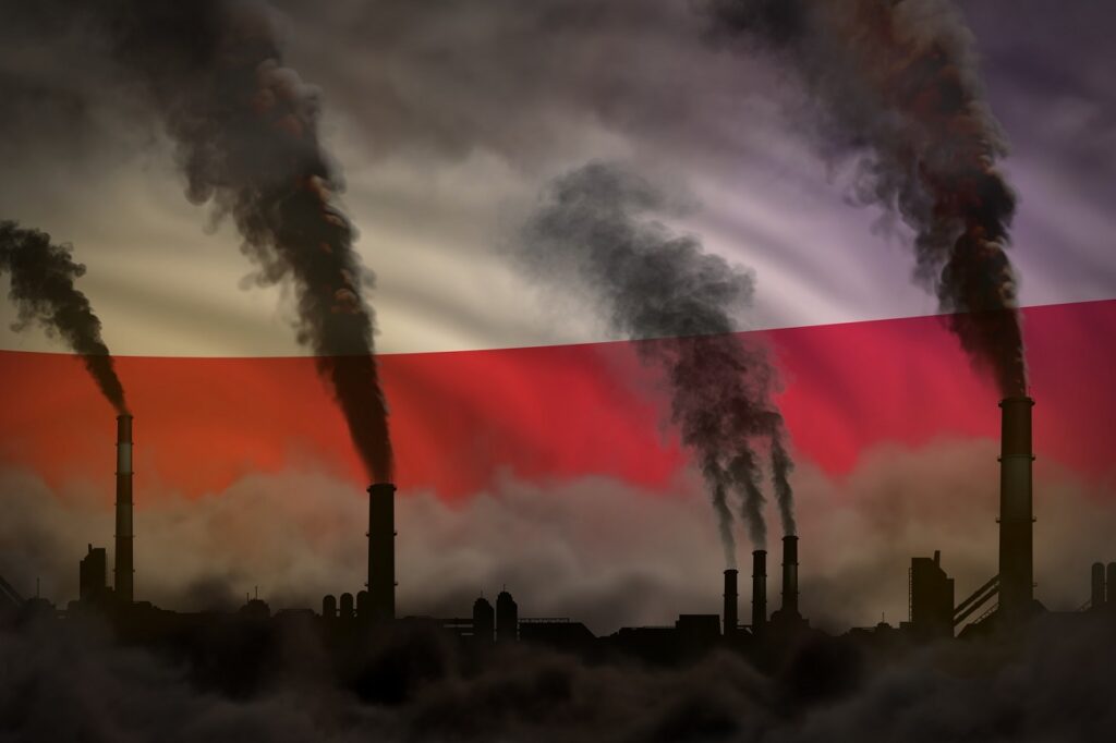 Dark pollution, fight against climate change concept – industrial 3D illustration of industry pipes dense smoke on Poland flag background