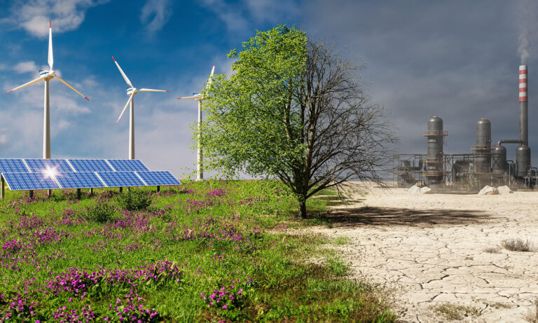 Climate change concept. Tree in two parts with green energy in healthy nature and industrial pollution with conventional energy. 3D rendering.