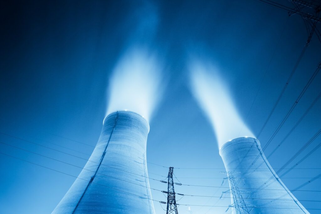 cooling towers at night
