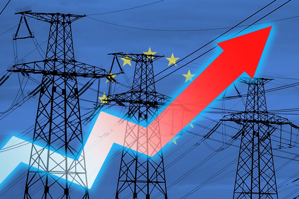 Power line and flag of European Union. Energy crisis. Concept of global energy crisis. Increase in electricity consumption. Arrow on the chart moves up. Increasing cost