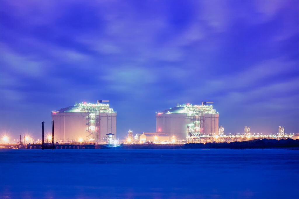 Liquified natural gas LNG tanks in port