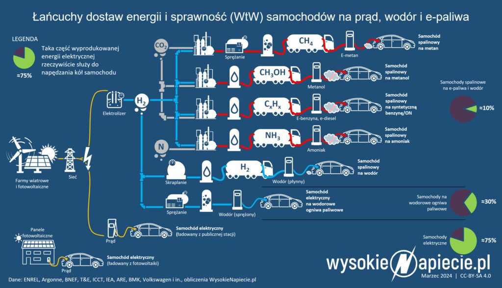 Paliwa syntetyczne (e-benzyna, e-diesel, e-metan, e-metanol i odnawialny amoniak) oraz wodór i prąd.  Im dłuższy łańcuch dostaw, tym mniejsza efektywność i wyższe koszty.