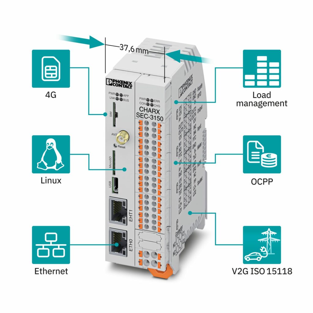Dzięki otwartej platformie Linux sterowniki ładowania Charx nadają się do zastosowań internetu rzeczy (IoT), inteligentnych usług i łączenia różnych sektorów energii. Skalowalny asortyment obejmuje wszystkie aplikacje ładowania, od ładowarki naściennej po parking wielopoziomowy.