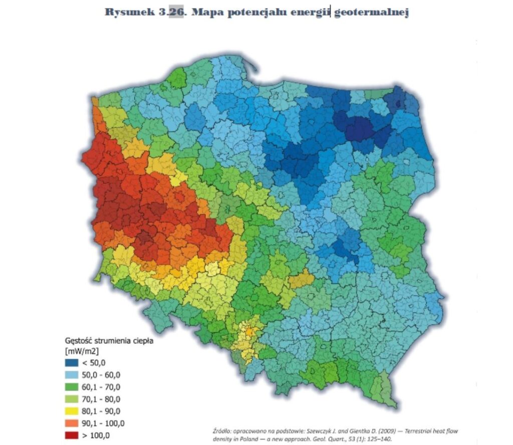 Mapa potencjału  geotermi w Polsce   Źródło – Projekt aktualizacji KPEiK