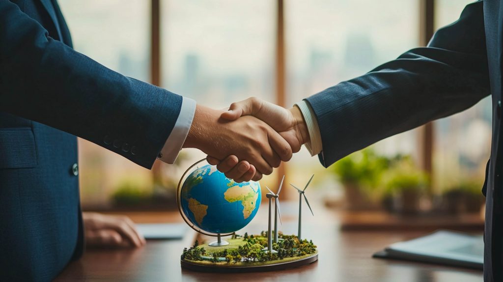 Handshake of two men in business suits. In the center is a globe, miniature wind turbines on a green base. Cooperation in the field of clean energy and global business initiatives.
