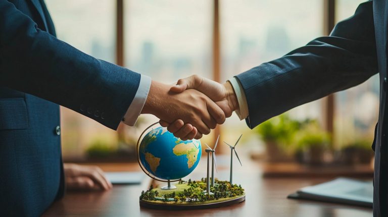 Handshake of two men in business suits. In the center is a globe, miniature wind turbines on a green base. Cooperation in the field of clean energy and global business initiatives.