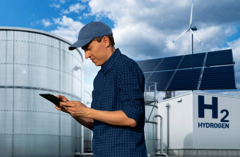 Engineer on a background of Hydrogen factory
