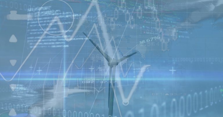 Image of financial data processing over wind turbine. Global technology, finances and digital interface concept digitally generated image.