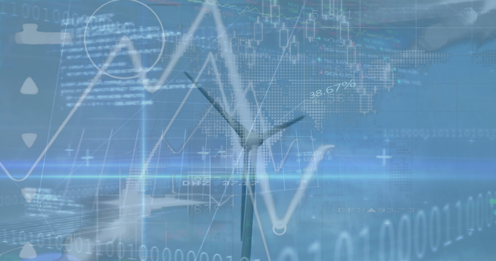Image of financial data processing over wind turbine. Global technology, finances and digital interface concept digitally generated image.