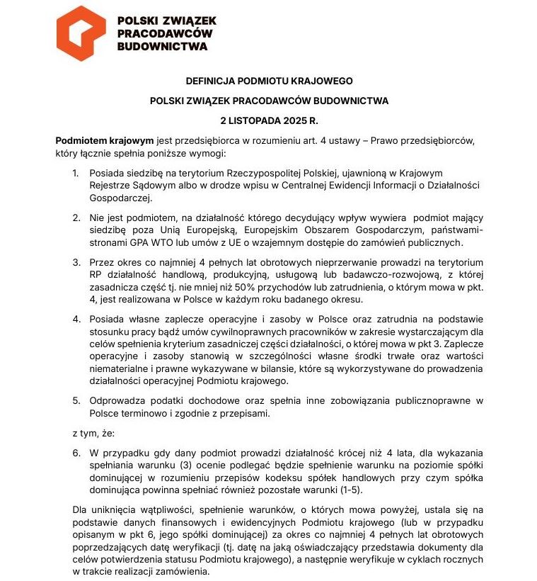 Definicja podmiotu krajowego według Polskiego Związku Pracodawców Budownictwa Fot PZPB
