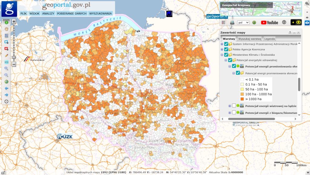 Mapa potencjału energetyki słonecznej w Polsce Fot Geoportal